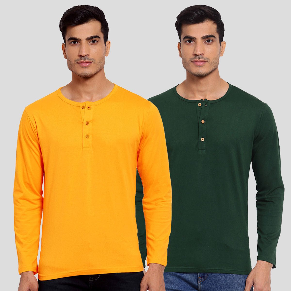 Buy Oversized streetwear Classic Mustard & Bottle Green Colour Henley T-Shirts Combo Online - RoadTrip®