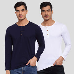 Buy Oversized streetwear Retro Style White & Navy Blue Colour Combo Henley T-Shirts Online - RoadTrip®