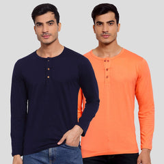 Buy Oversized streetwear Classic Cotton Navy Blue & Peach Combo Henley T-Shirts Online - RoadTrip®